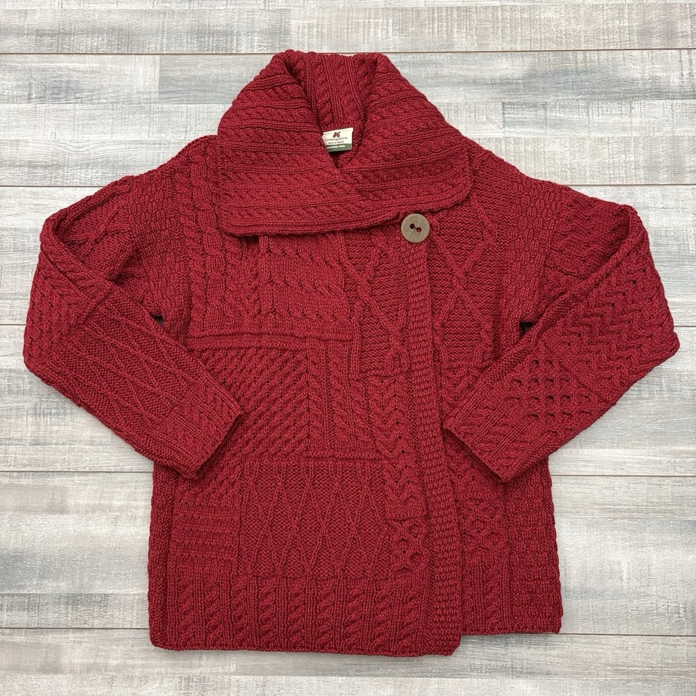 Carraig Donn Red Merino Wool One Button Wrap Cardigan Sweater Ireland Size XL